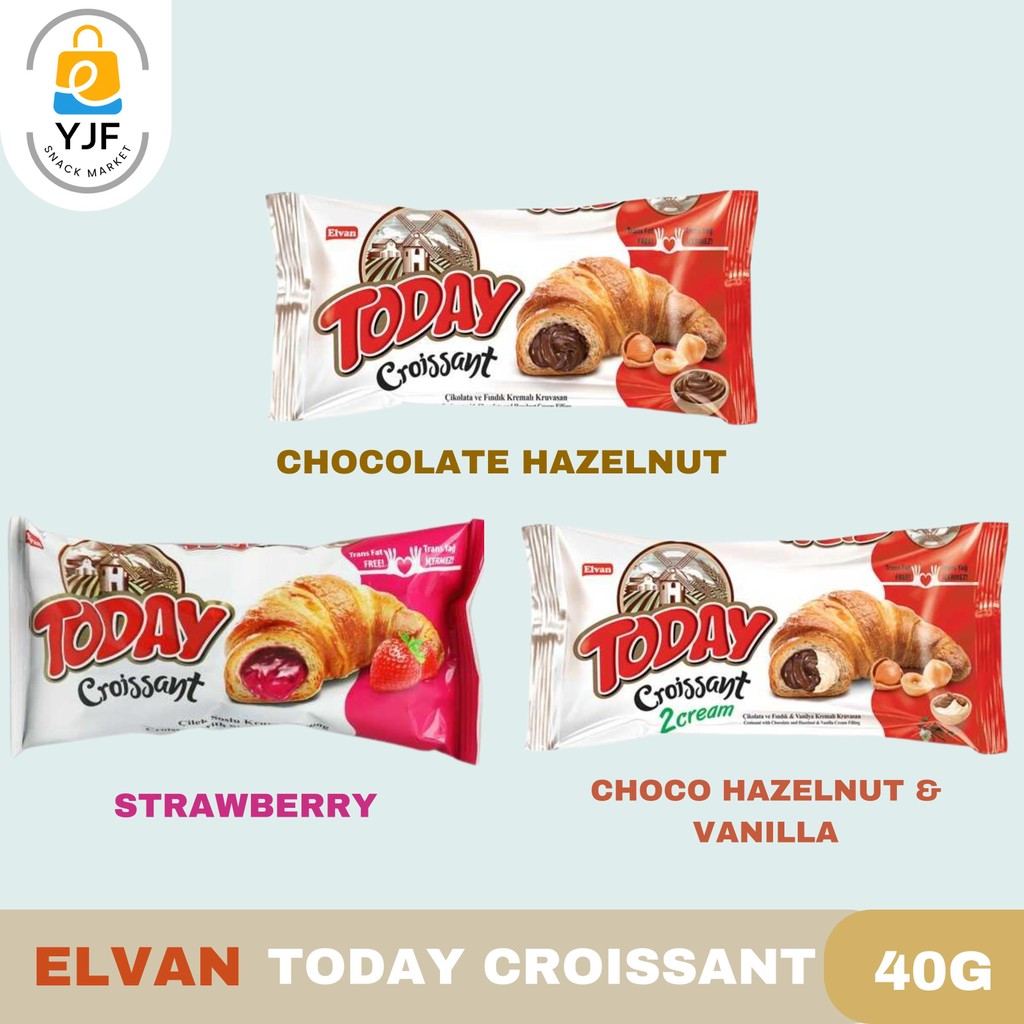 

Elvan Today Croissant Chocolate Hazelnut / Roti Coklat / Roti Hazelnut Cokelat / Choco Hazel & Vanilla / Strawberry / Roti Stroberi Naraya / Roti Impor Turki / 40g 1PCS