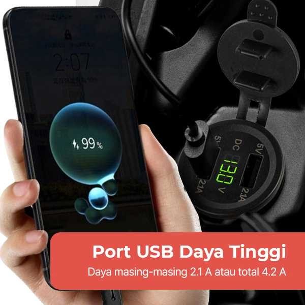 Cas Charger HP Tanam Dashboard Mobil Motor 2 USB 12V 24V Monitor Aki