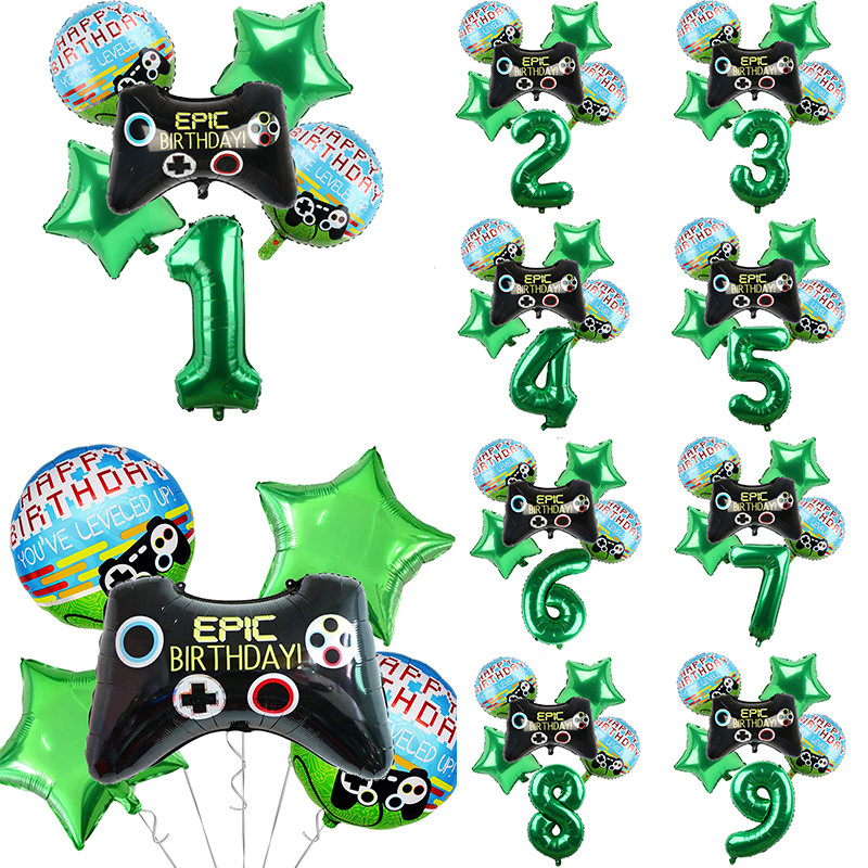 

6PCS Video Game Theme Balloons Set With Green Number Foil Globos Boys Game on Birthday Party Decoration Supplies Baby Shower