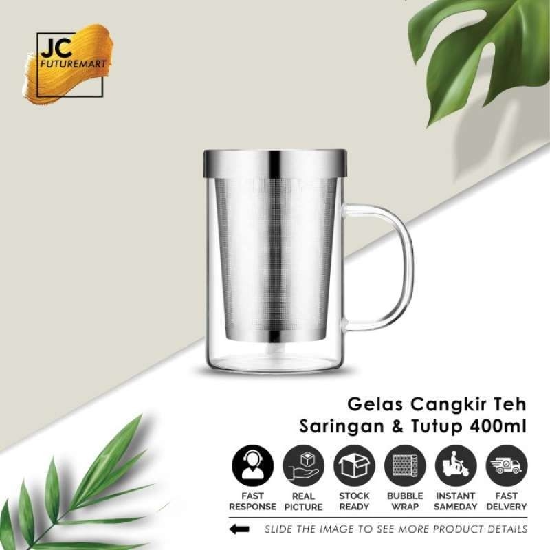 Gelas Cangkir Teh Kaca 400Ml Saringan Dan Tutup Stainless Steel
