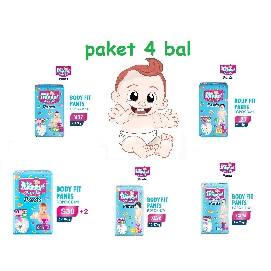(PAKET 4 BAL / 1 KARTON SEGEL) Baby Happy Pants S38+2 / M32 / L28 / XL26 / XXL24