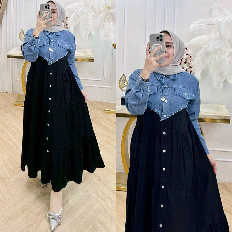 OOTD - Midi Dress Muslim Jeans Kombinasi Rayon Desika