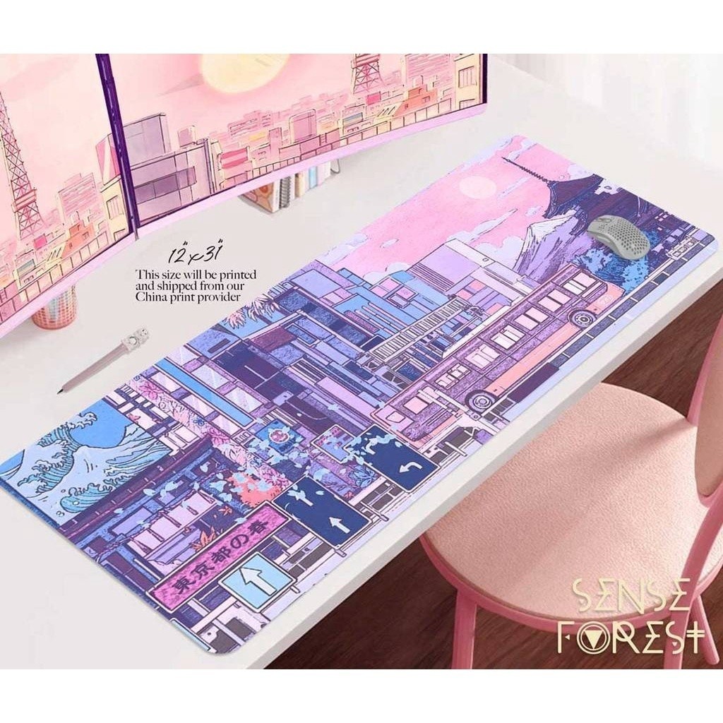 Japanese Anime Desk Mat, Pastel Tokyo City Landscape Xxl Mouse Pad, Kawaii Gaming Mousepad Wrist Res