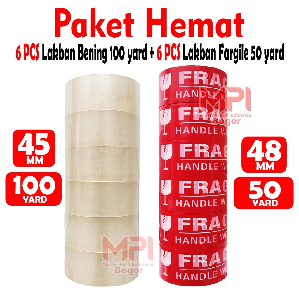 

( 2 SLOP ) 6 Lakban Bening MPI 45 mm x 100 yard + 6 Lakban Fragile 48 mm x 50 yard - Master Pack Indonesia Bandung