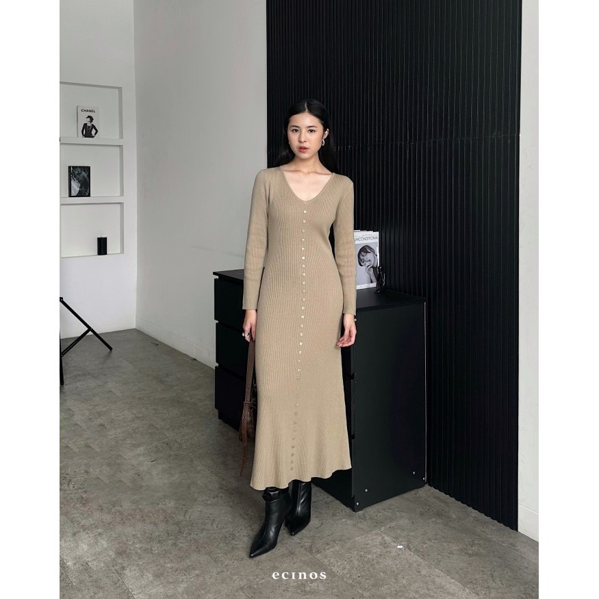 Terlaris ✨ -ECINOS - Natasha Knitted Dress - Charcoal, Midi