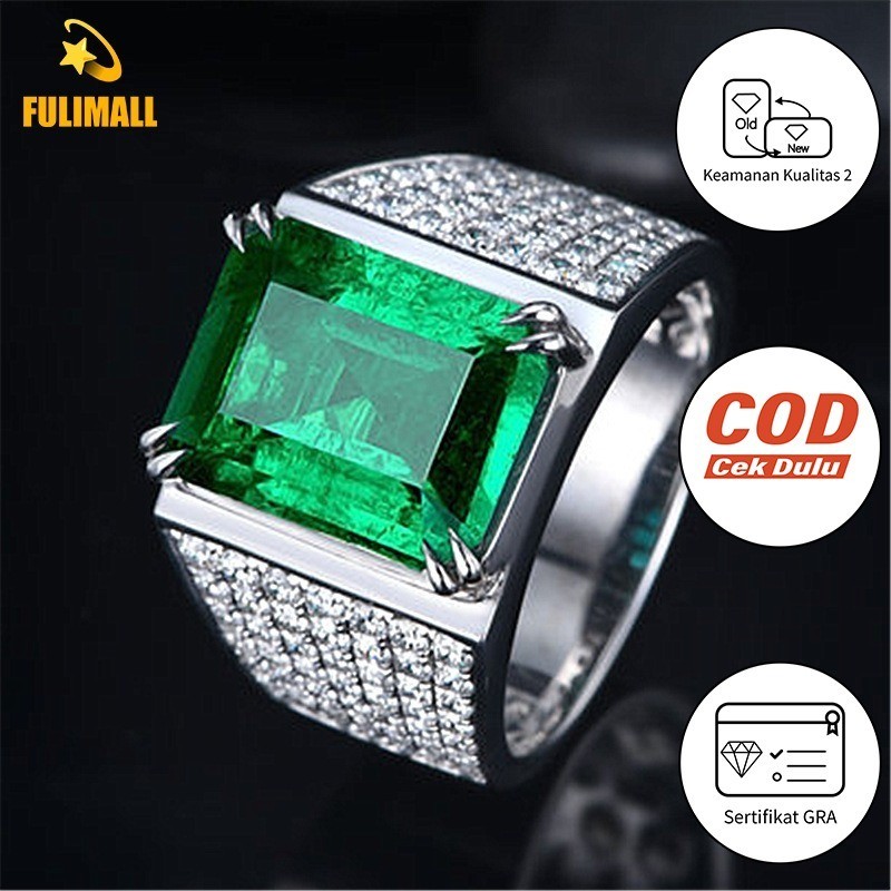 FULIMALL Cincin Zamrud Lebar Pria Ring Terbuka Berlian Platinum 18K Stok