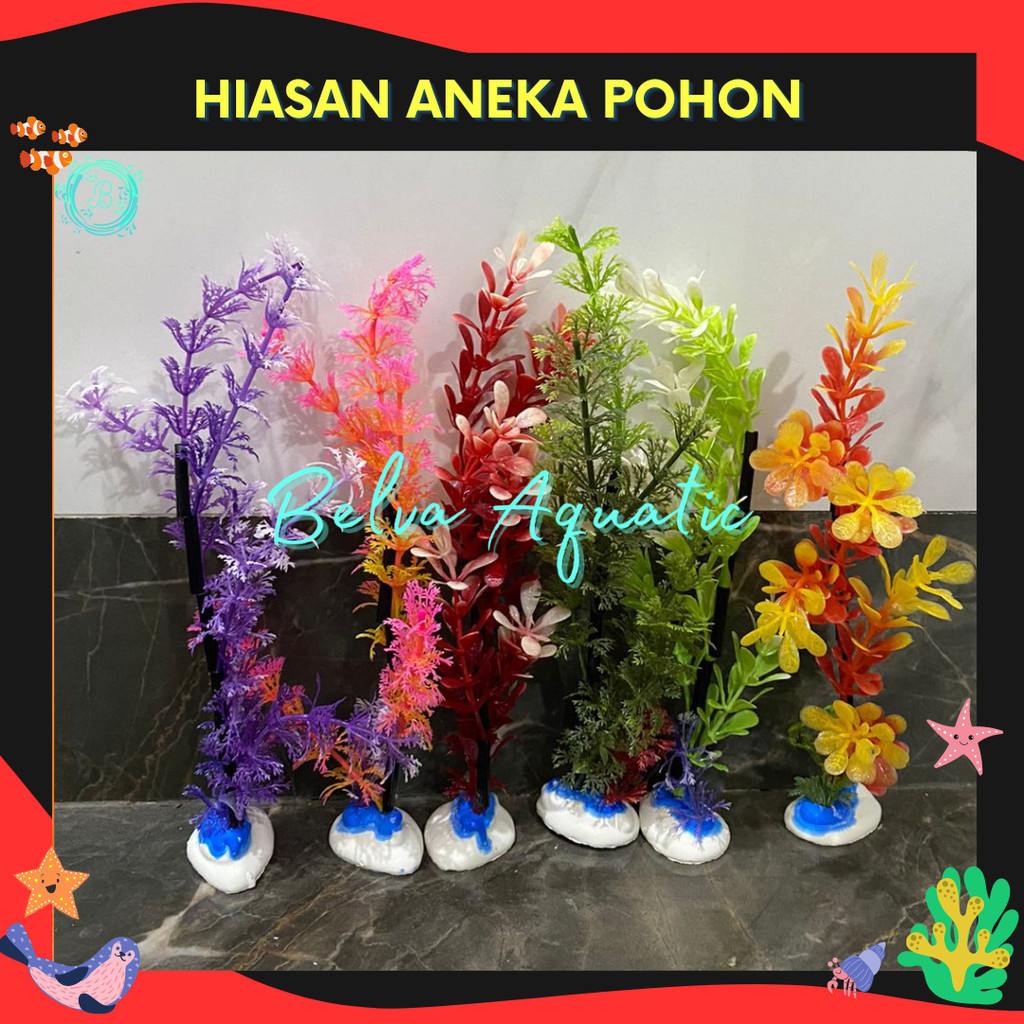 [SATUAN] Hiasan Aquarium Aneka Pohon Plastik Kelapa Nyiur Pandan Kembang Mawar Bunga Matahari Tulip 