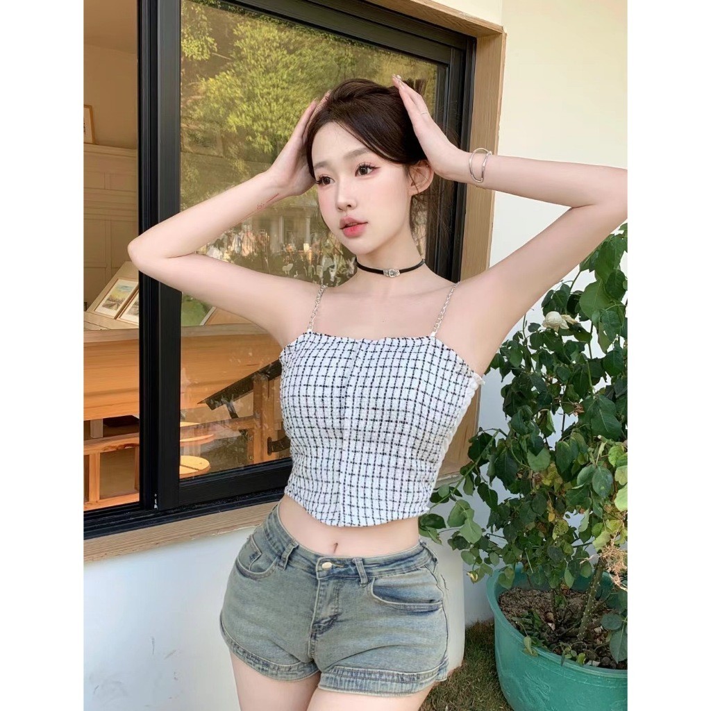 Tanktop Crop Top Garis Kotak Kotak Tengtop Wanita Rantai Chic Style Tenktop Imut Lucu