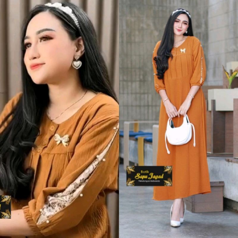 Gamis Cringkle Airflow lengan 3/4 Kombinasi Brokat Midi dress Kekinian daster terbaru by BatikSapuJa