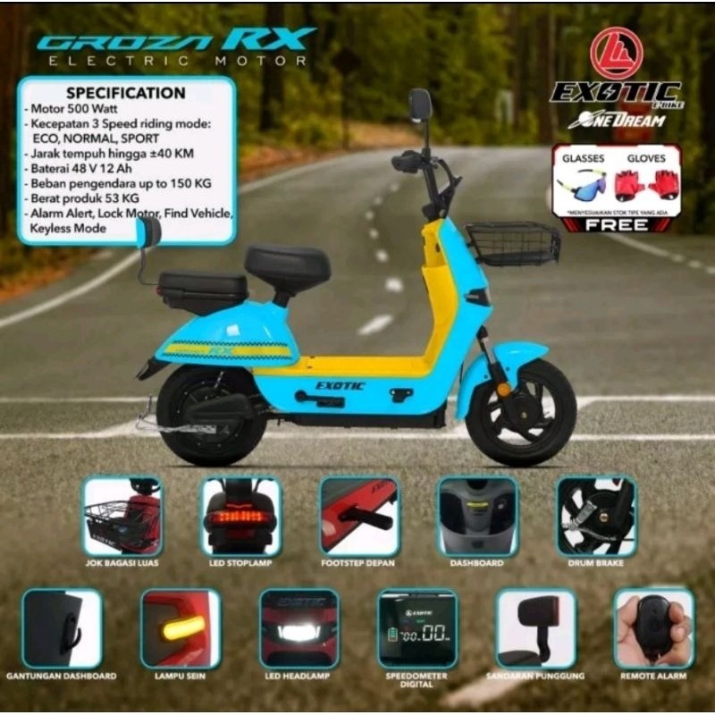 SEPEDA LISTRIK EXOTIC GROZA RX 500WATT 48V 12AH FREE BONUS SURABAYA KREDIT CICILAN