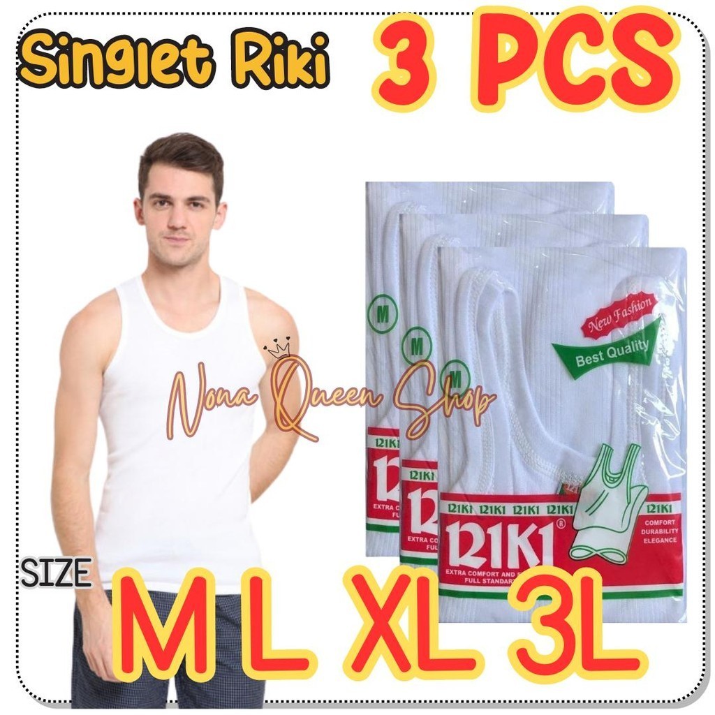 3 pcs kaos dalam / singlet pria / laki-laki / cowok RIKI PUTIH Size M, L, XL, XXL Kaos Dalam Remaja 