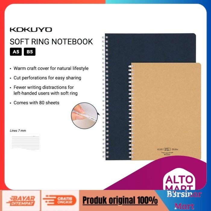 

[KUALITAS TERBAIK] KOKUYO Soft Ring Notebook LINES 7 mm NATURAL Series A5 B5 / 80 sheets - A5, BLACK