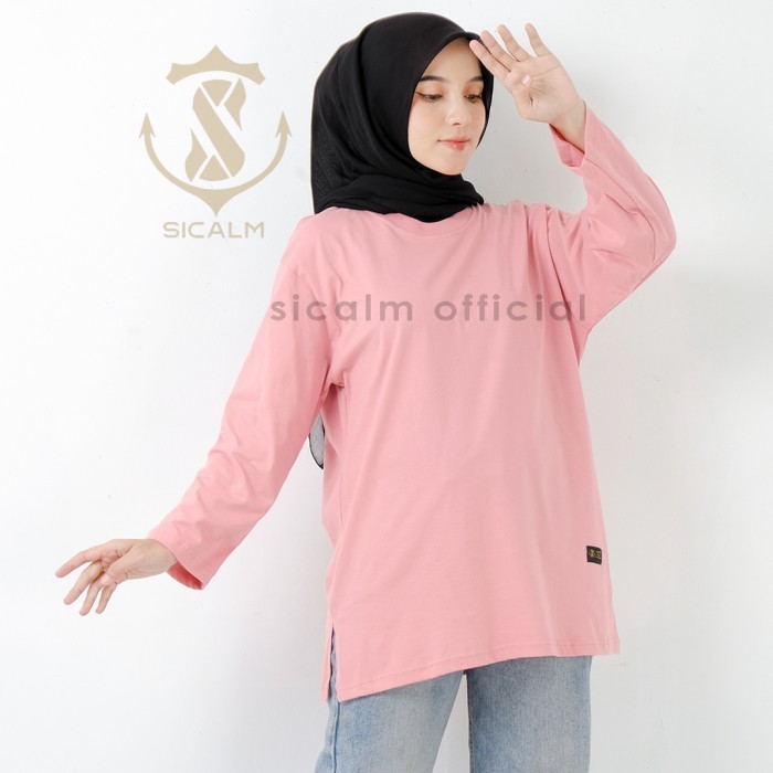 TERLENGKAP kaos oversized wanita lengan panjang jumbo kaos polos tebal 24s katun - pink, M