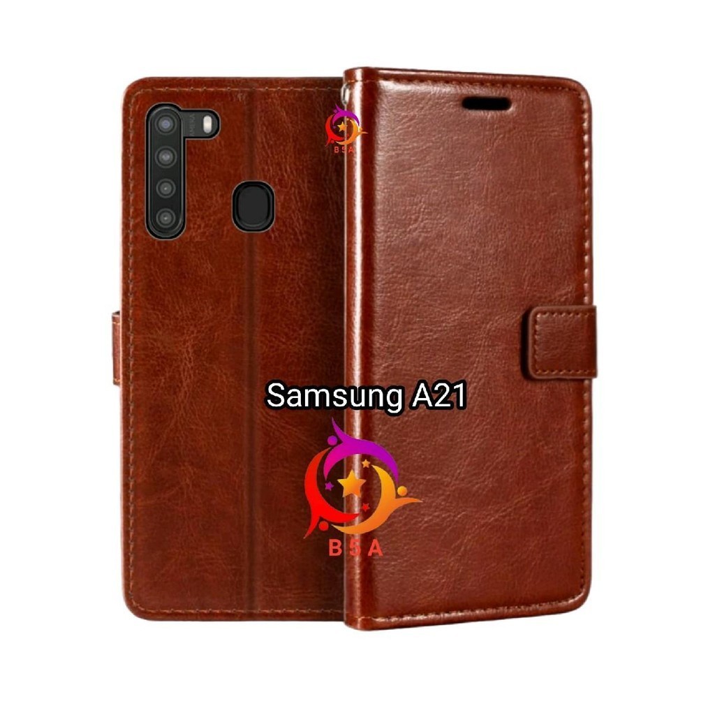 Case SAMSUNG A21 Flip Cover Wallet Leather Casing Dompet Kulit Untuk-SAMSUNG A21 Slot Card Warna Hit