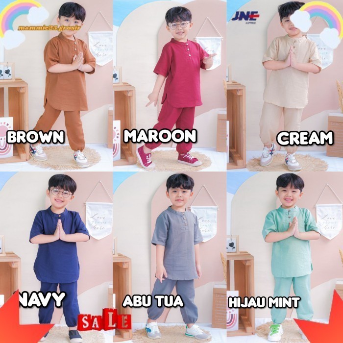 PROMO-Setelan Baju Koko Anak Bahan Linen Adem / Set Koko Adam Size 12345Y - Hijau mint, Size 1
