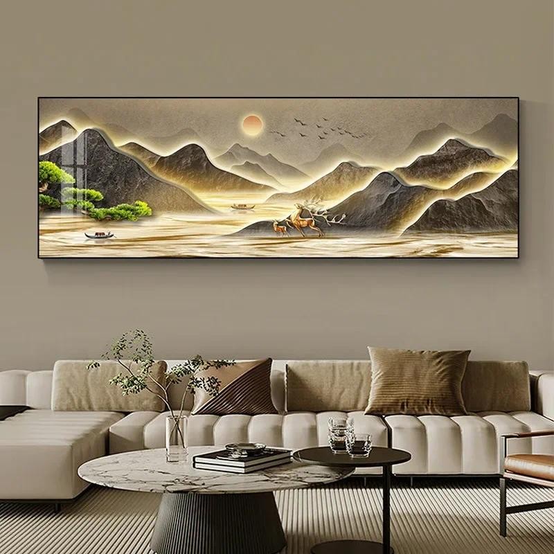 

New Chinese Fengshui Mountain Canvas Painting Luxury Deer Landscape Posters Wall Pictures for Living Room Bedroom Decor Unframed