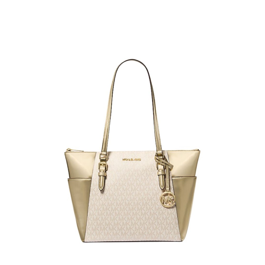 MICHAEL KORS Charlotte Large Signature Logo and Metallic Top-Zip Tote Bag Pale Gold