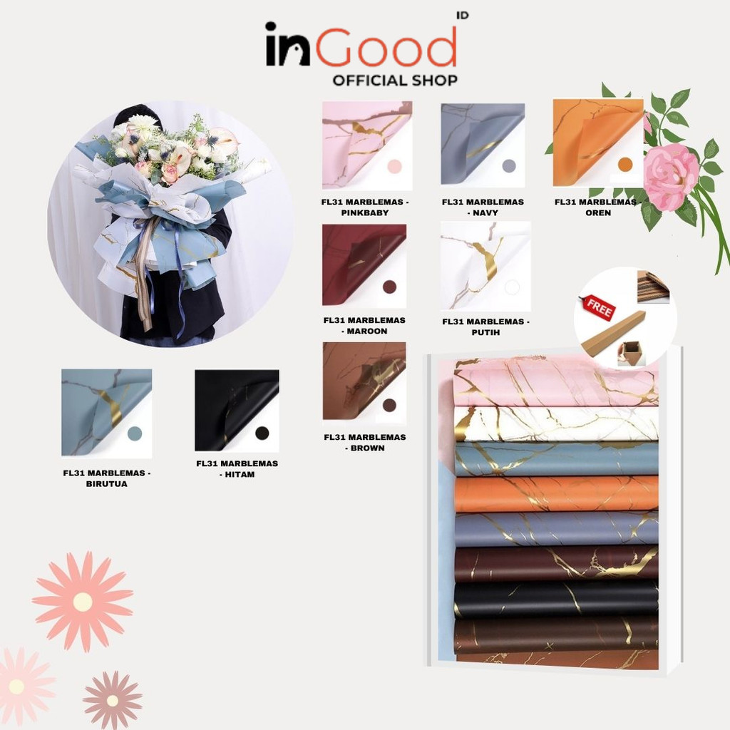 

IN GOOD - (5 LEMBAR) - FL31 MARBLEMAS Kertas Bunga Paper Buket Motif Marble Emas Florist Kado Cellophane