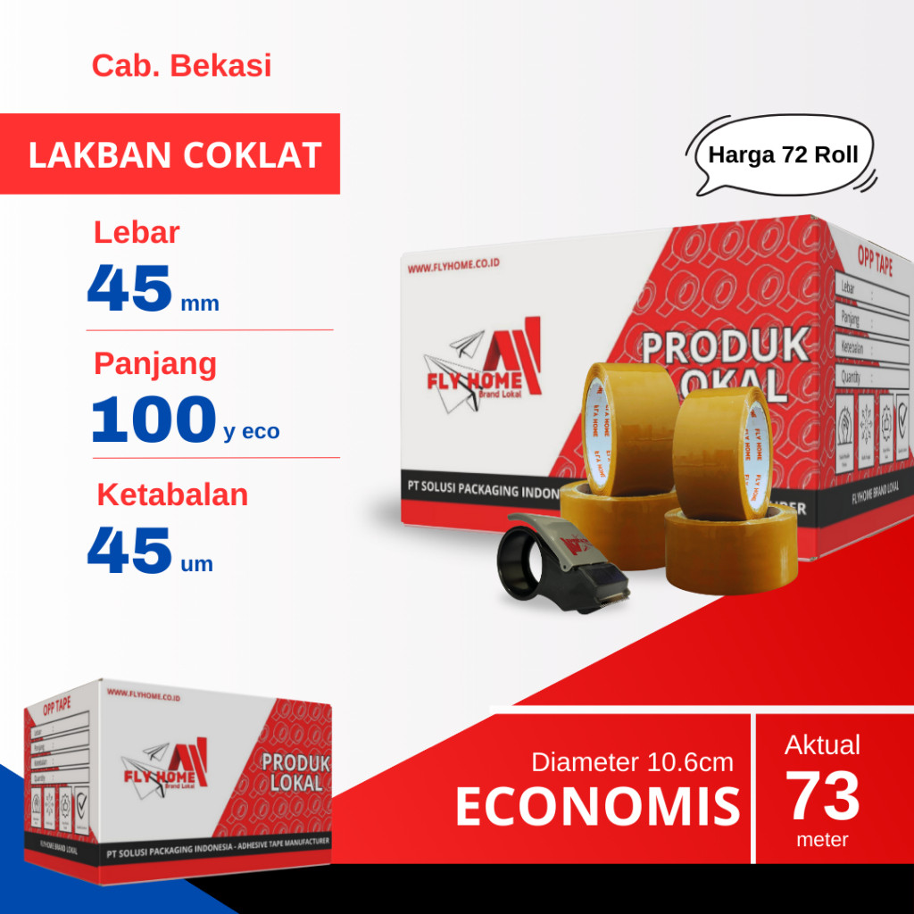 

FLYHOME 1Dus Lakban Coklat 45x100Y 2inchi Solasi Uk Besar 72Roll ECO 100 yard CARGO