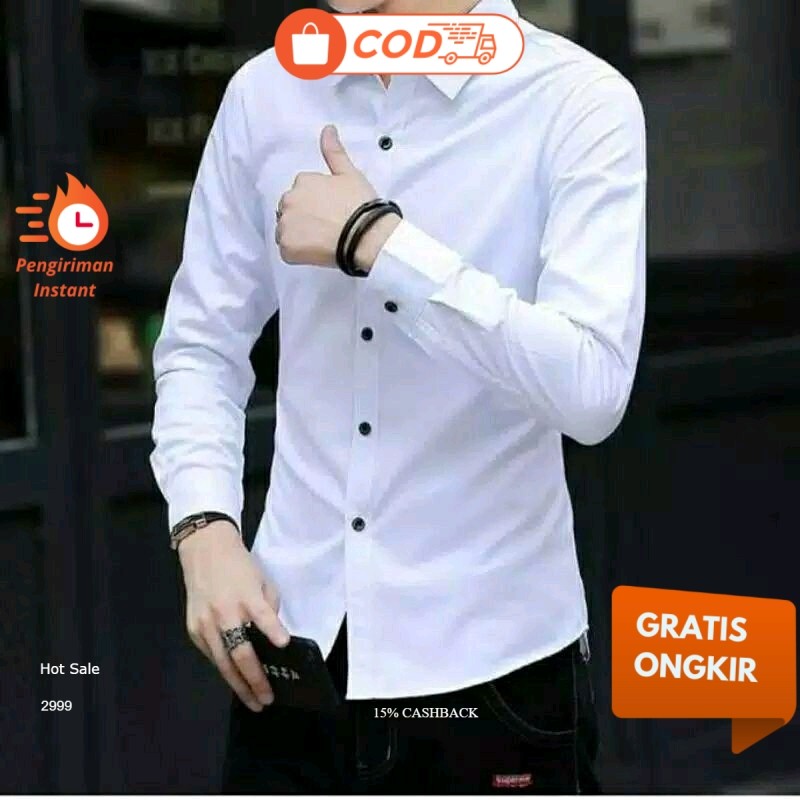 Hurley Kemeja Pria  Kemeja Cowok Polos Lengan Panjang Slimfit Hem Pria Polos Kantor Warna Putih