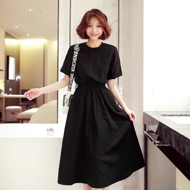 Gaun Panjang Berpotongan Pinggang midi dress korea gaun hitam gaun dress korea K004