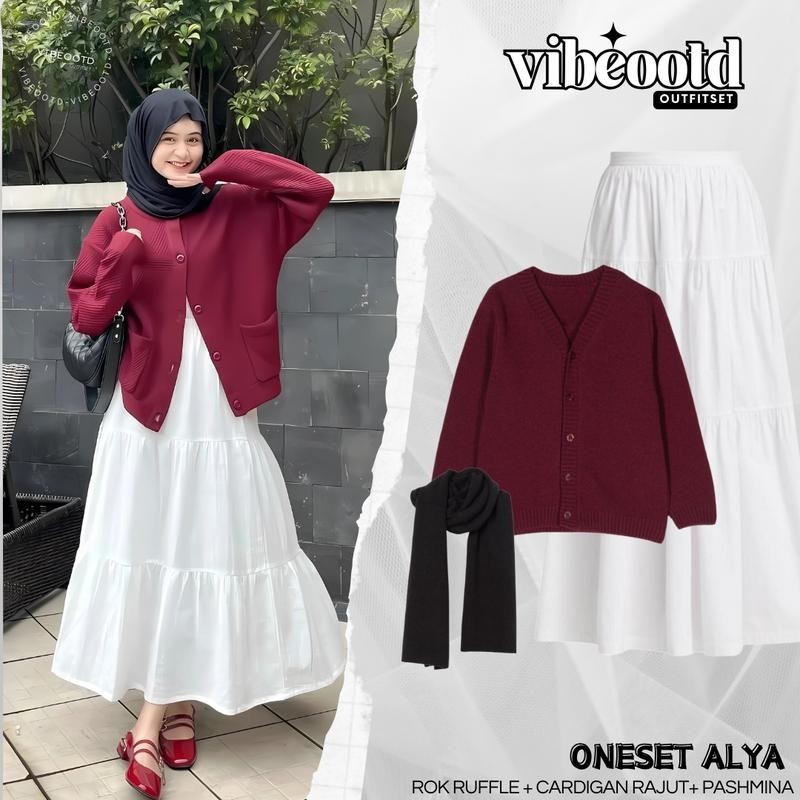 Alya Outfit Set Wanita Hijab ( Bawahan Rok Ruffle Panjang + Baju Atasan Outer Cardigan Rajut Oversiz