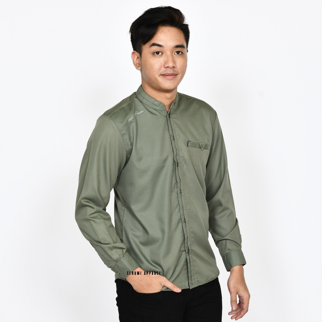 Kemeja cowok Koko modernBaju Koko Pria Lengan Panjang Polos Kombinasi Bordir El Rumi Motif Antasenam