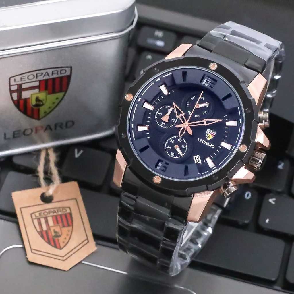 PROMO Jam Tangan Pria Leopard-8806 Original Tali Rantai Body Bulat Chrono Tanggal Aktif Box Exclusiv