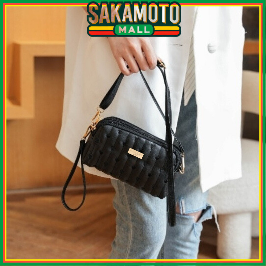 HANAMI Tas Selempang Wanita Pesta 3 Resleting Kulit Hitam Ginzea Premium Sling Bag Kecil Fashion Cew