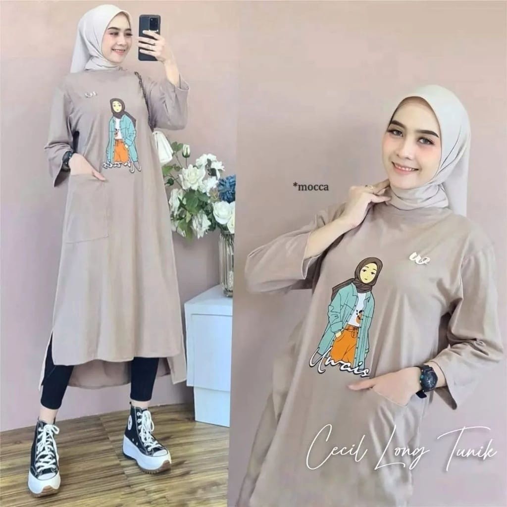 Gamis Wanita Remaja Terbaru Cecil Long Tunik Size S M L XL XXL XXXL LD 90-130 CM Bahan Kaos Katun Co