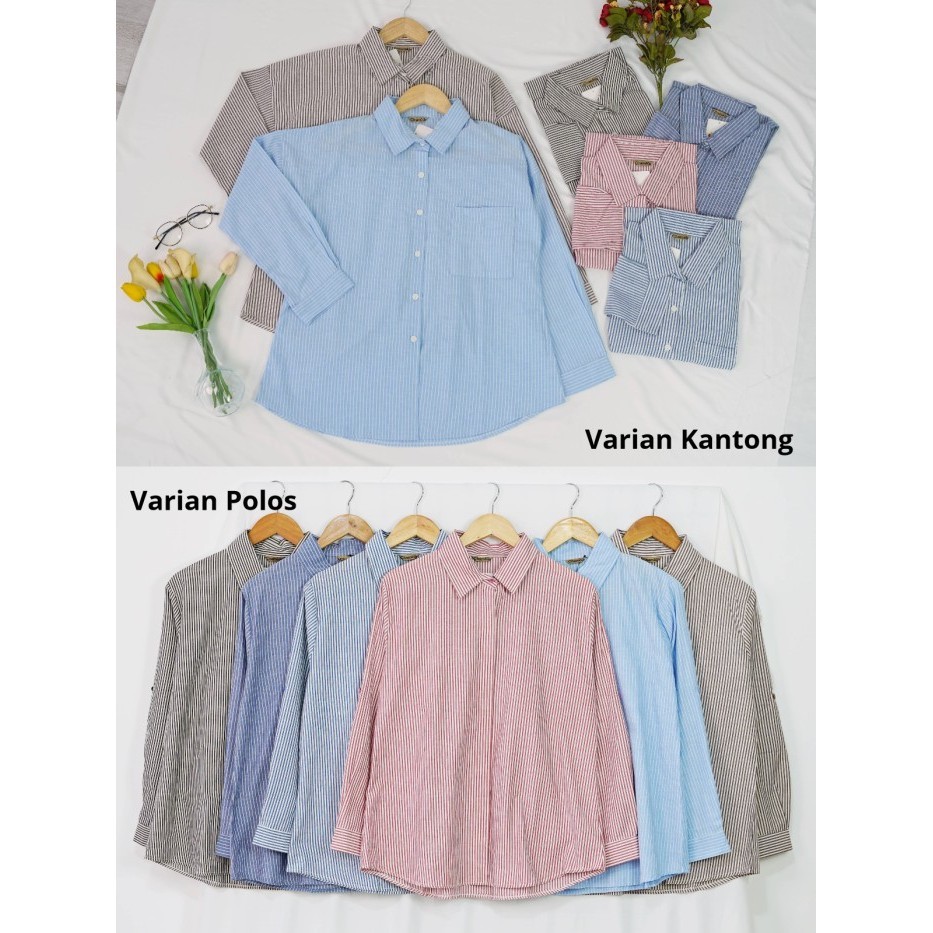 Terlaris ✨ -Chamele - kemeja salur basic wanita motif stripe 2155 - Jumbo Kantong, Hitam abu