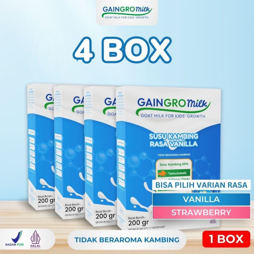 

RASA VANILA - SUSU KAMBING PAKET 4 BOX Penambah Nafsu Makan & Berat Badan Anak GainGro Milk Shop