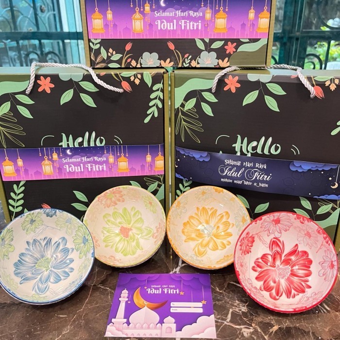

✨LARIS✨ -HAMPERS LEBARAN 2 PCS MANGKOK BOWL KERAMIK GIFT SET IDUL FITRI PARCEL - Hanami- 4 bowl