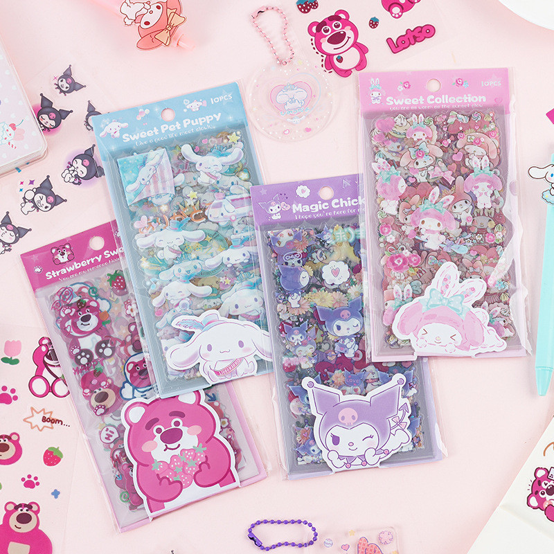 

Stiker PVC Sanrio Tahan Air isi 10 lembar Sanrio Cinamorol Kuromi Lotso Melodi alat tulis Stiker buku