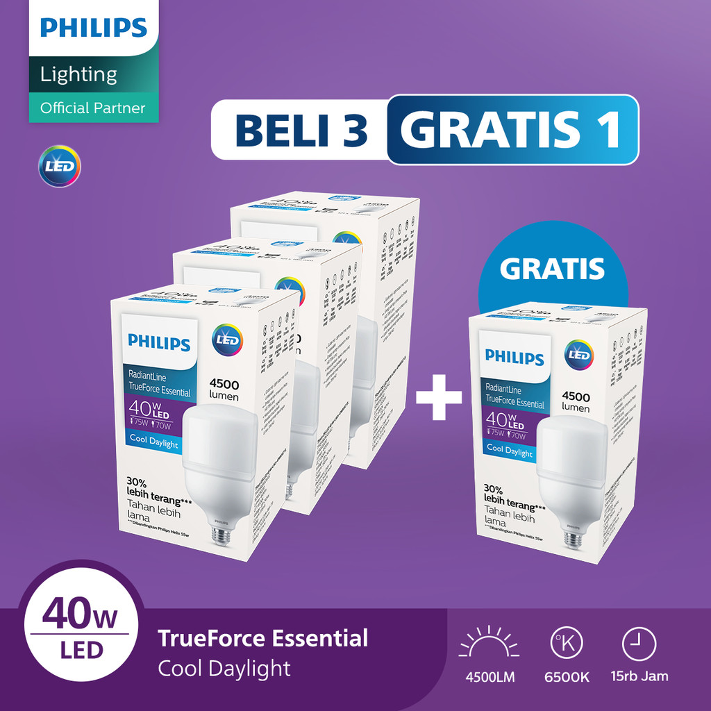 Beli 3 Gratis 1 Lampu Philips Bohlam Radiantline TrueForce Essential 40W Putih
