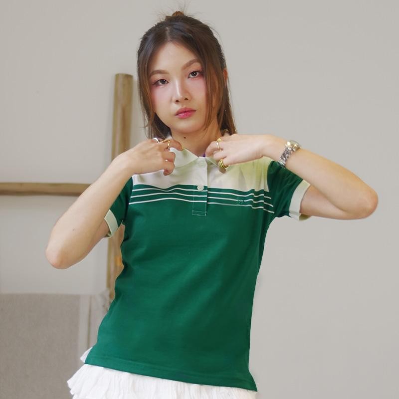 MATSUDA Zehira Warna Off White Kaos Polo Shirt Wanita Kerah Stripe Baju Pendek Atasan Top