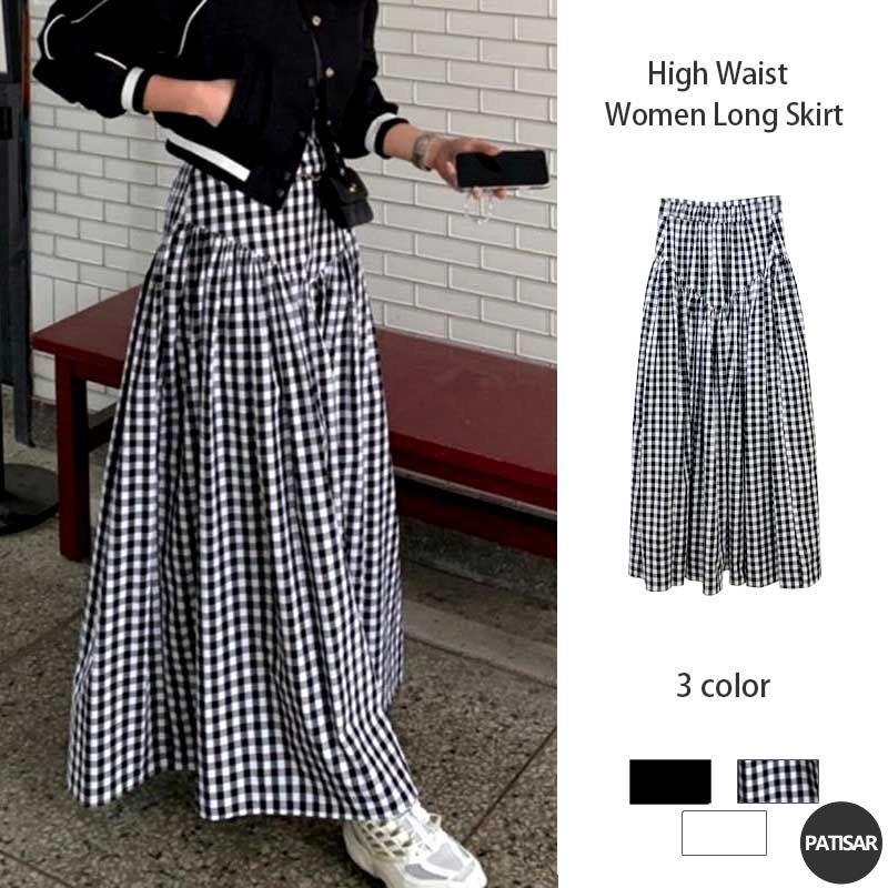 Rok Panjang Wanita  Rok Pinggang Tinggi Rasa Desain Rok Kotak-kotak Hitam Putih Pa