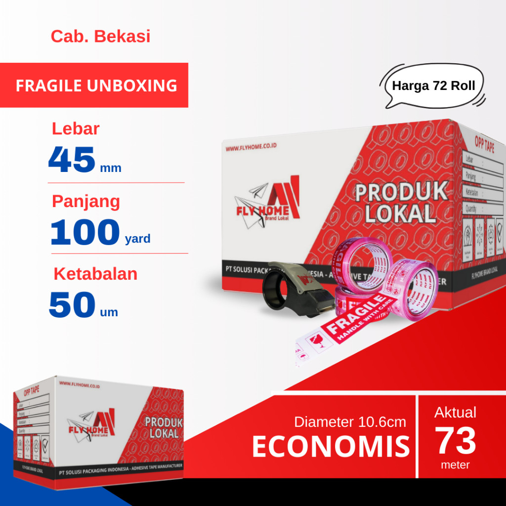 

FLYHOME 1Dus Lakban Fragile Unboxing 45x100Y 2inci Uk Besar 72Roll ECO 100 Yard CARGO