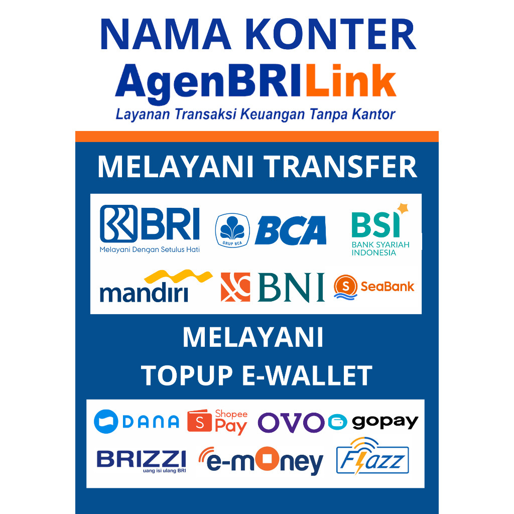 Poster Konter Melayani Transfer dan Top-Up E-Wallet AgenBRILink | Dekorasi Konter, Cetak Poster Term