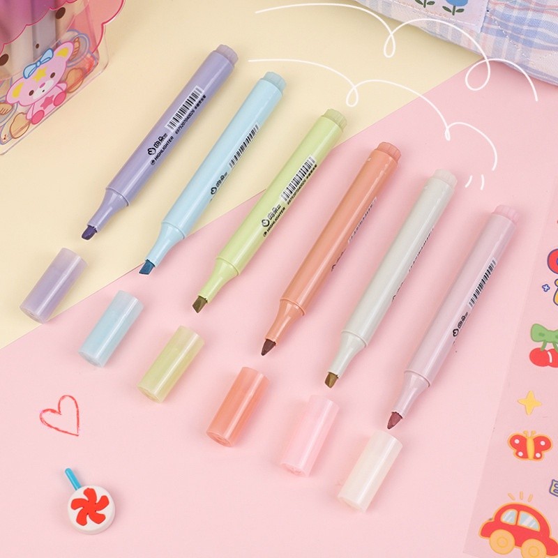 

6pcs Stabilo Warna Morandi Kotak Siswa Kapasitas Besar Chisel Tip