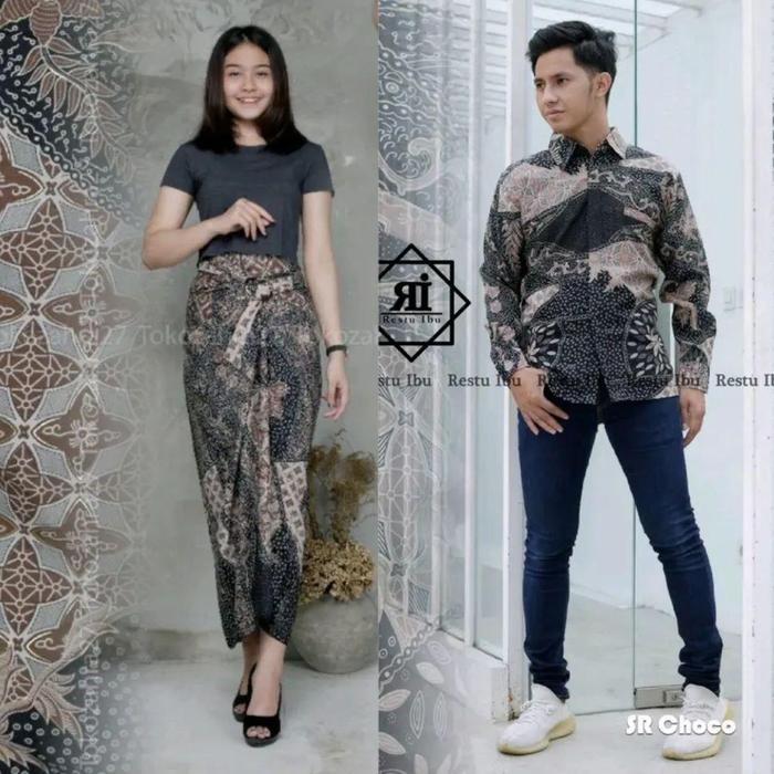 Restu Colletion Couple Rok Lilit Wanita Dan Kemeja Pria Batik Bahan Premium Tebal Motif SR Mocca Kon