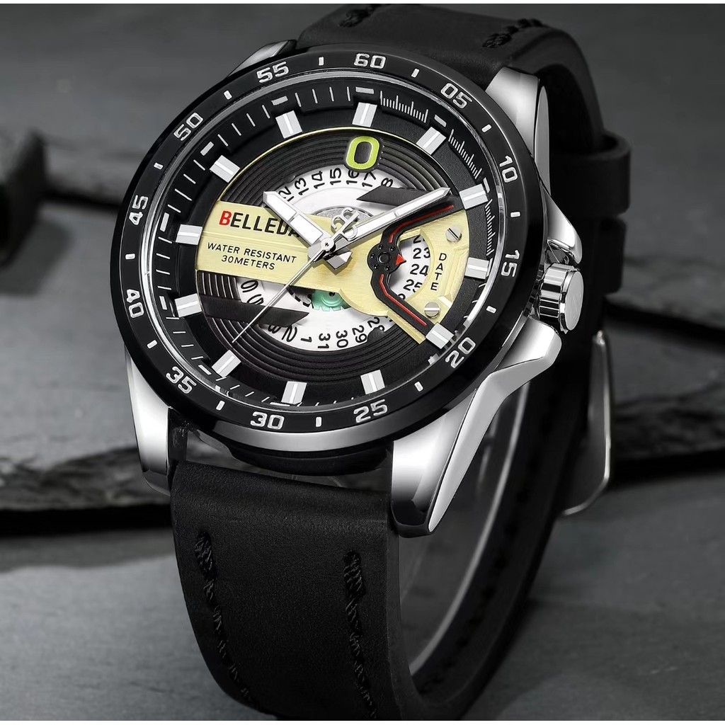 Big Sale  Jam Tangan Pria Belleda 9382 Tali Kulit Fashion Quartz Men Analog Watch Waterproof 30M