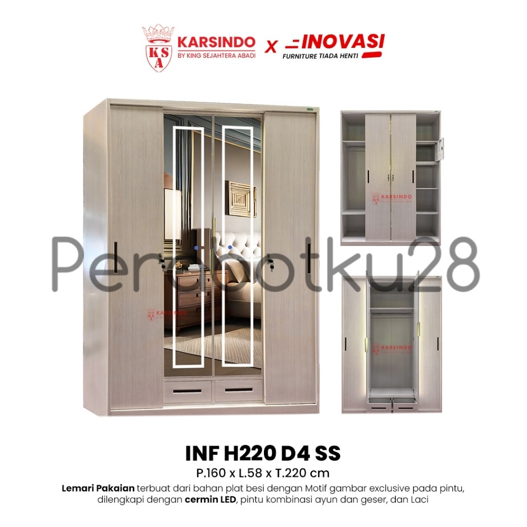 [PERABOTKU28] PROMO TERMURAH Karsindo Lemari Pakaian Besi LED Touchscreen 4 Pintu H220 D4SS