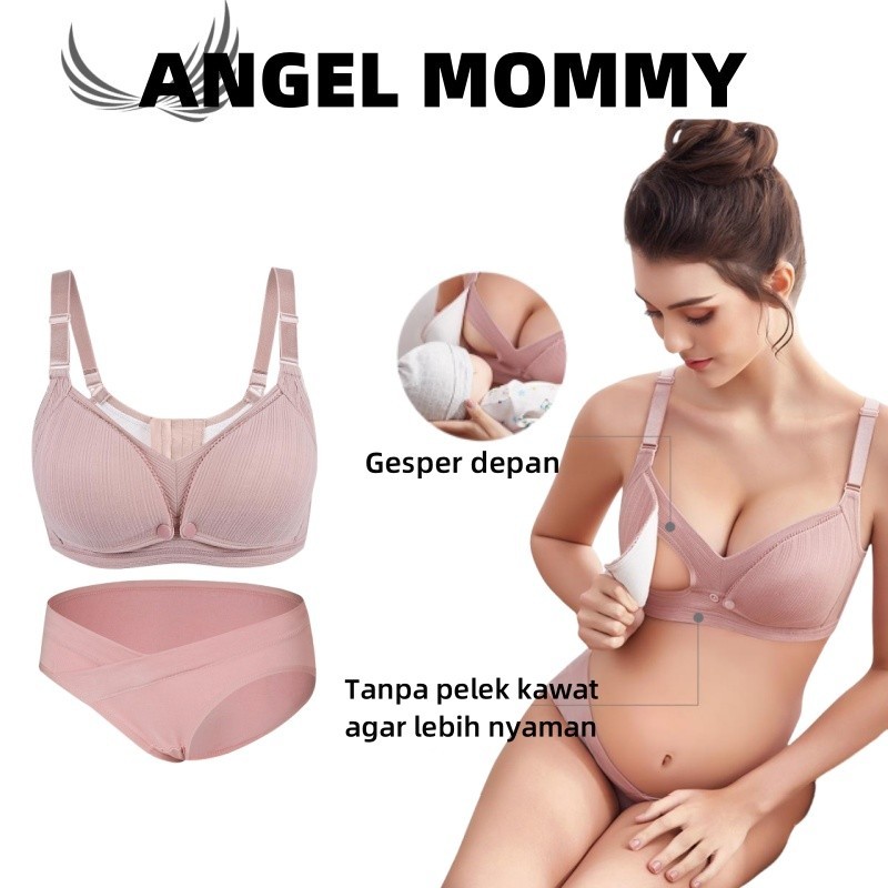 PENAWARAN TERBATAS ANGEL MOMMY Set Bra Menyusui Ibu hamil Kancing Depan Bra Tanpa Kawat Celana
