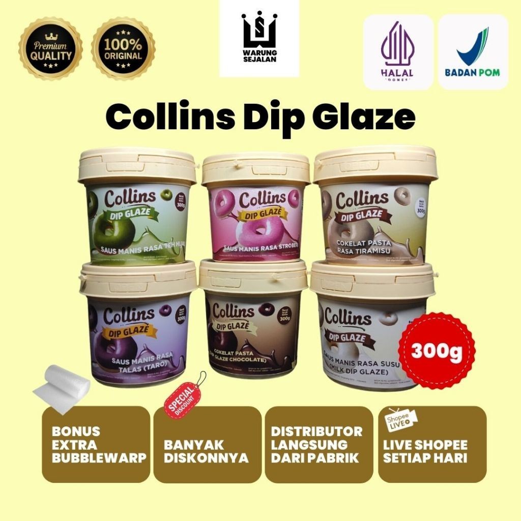 

Collins Dip Glaze 300 gr Choco / Green Tea / Milk / Stroberi / Taro / Tiramisu