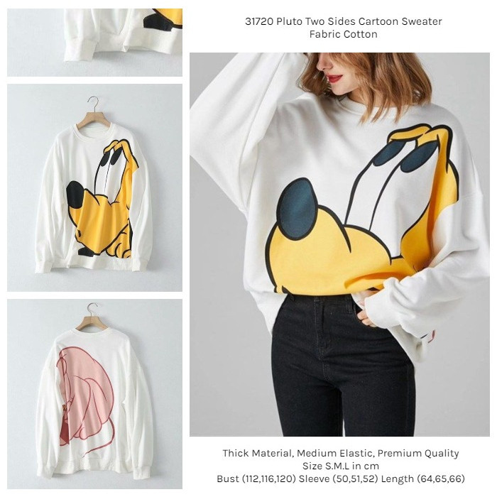 Sweater Putih Wanita Two Tone Sweater Lengan Panjang Cartoon Sweatshirt