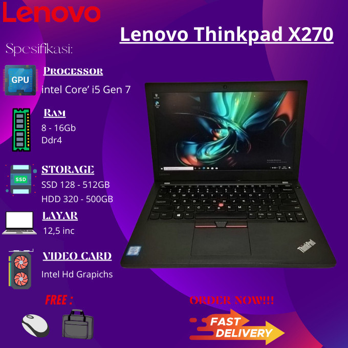 Laptop Lenovo Thinkpad X270 Core i5 Gen 7 Ram 8Gb Ssd 256Gb Murah Mulus Bergaransi