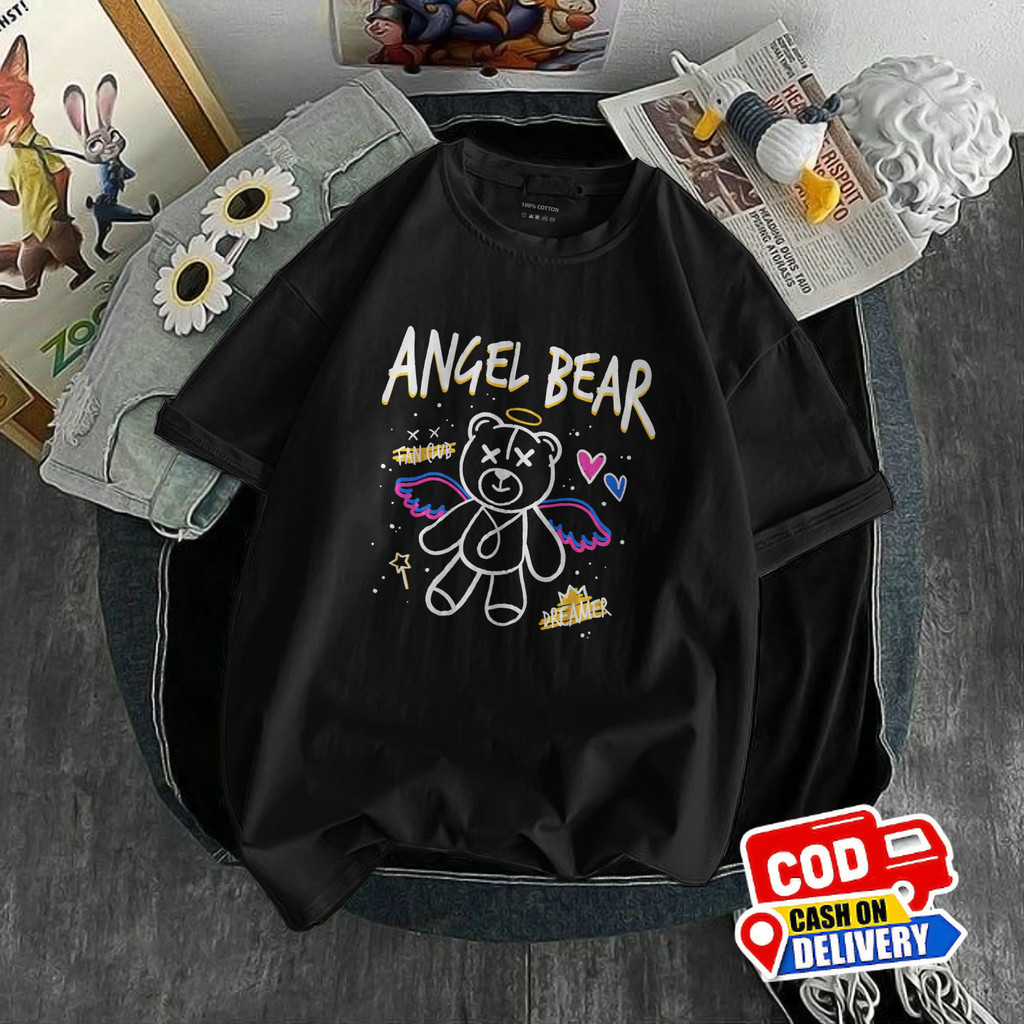 T-shirt - Teddy Bear - Angel Bear - Hitam -  Kaos Beruang - TBR3 Pria & Wanita