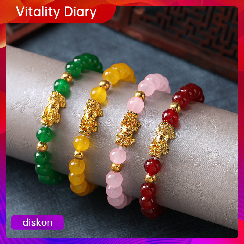 COD Gelang Batu Akik Manik-manik Lucky Pixiu Emas Gelang Feng Shui Asli Gelang Indah Memakai Tali El
