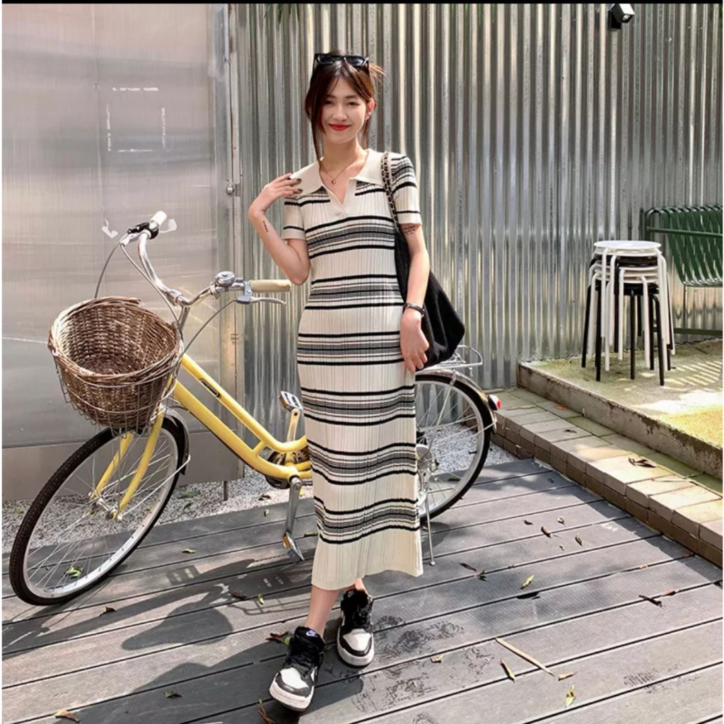 Ami Collection09 - Dress Salur Knit Lengan Pendek / Dress Korea Kekinian / Dress Wanita Kerah V / Dr